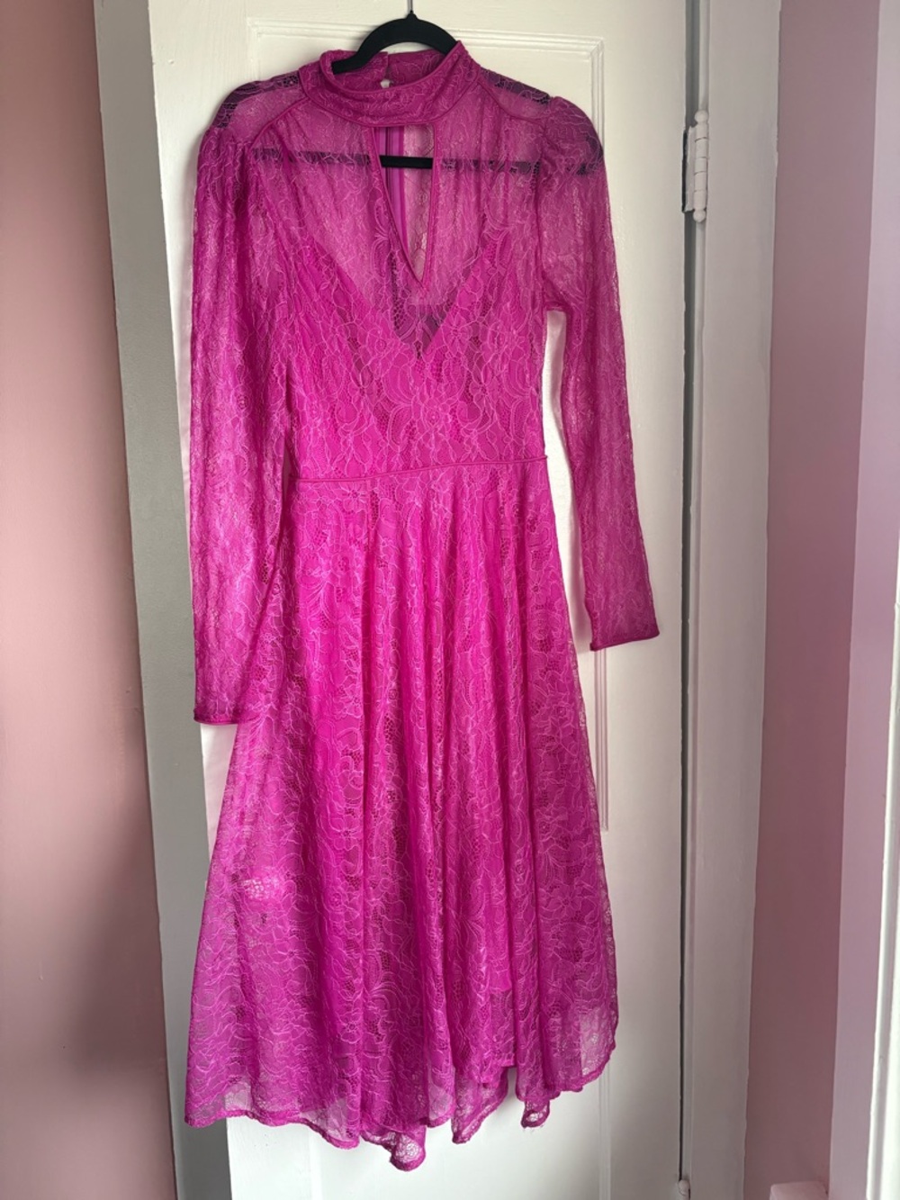 NWT BCBGMAXAZRIA Magenta Pink Lace Cutout Asymmetrical Midi Dress Size 8 - Picture 3 of 8